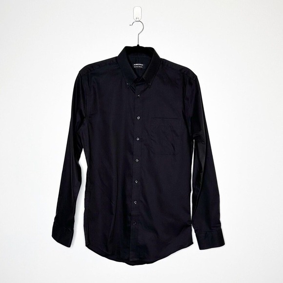 NWOT Nordstrom Piqué Button-Up Shirt Trim Fit Pima Cotton Mens Black SZ 15 34-35 - Picture 2 of 6